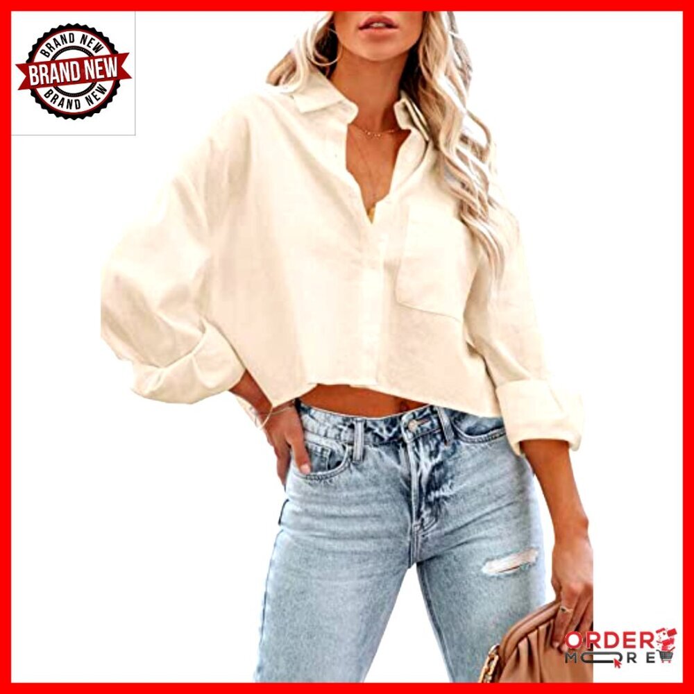 Long Sleeve Button Down Crop Top with Chest Pocket, 100% Cotton - Picture 2 of 7